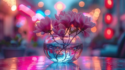 Wall Mural -   A vase overflowing with purple blooms rests on a table near a neon-lit wall