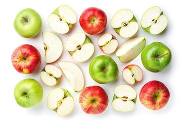 Wall Mural - Apple Slices. Top View of Green and Red Ripe Apples with Natural Slices on White Background