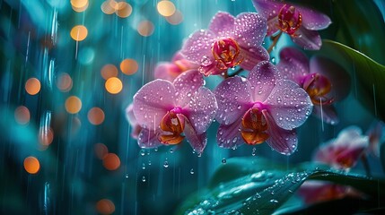 Wall Mural -   A macro shot of a vivid pink blossom with dew drips and a lush green foliage in the foreground
