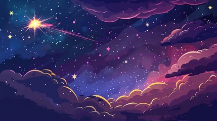 A colorful and shiny night sky filled with stars, creating an outer space background for kids. This starry cosmos background includes a shooting star, adding to its magical appeal for children.





