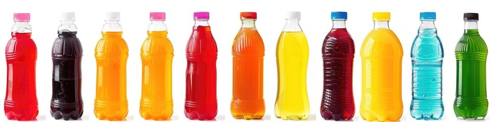 Wall Mural - Juice Bottles Collection. Blank Plastic Bottles with Various Juices on White Background