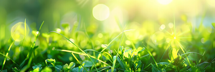 Beautiful natural background macro image of young juicy green grass in bright summer spring morning sunlight.