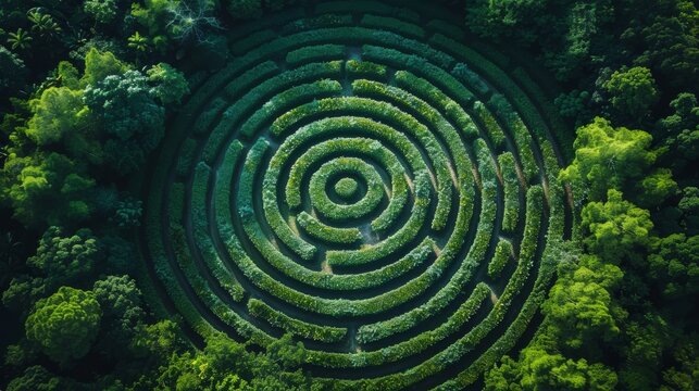View from above of a green garden that resembles a garden maze of hedges and labyrinth of trimmed bushes in summer. Geometric pattern of plants in the park. Concept of nature and fantasy.