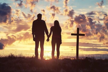 Wall Mural - A couple holding hands with the silhouette of a cross in between them, symbolizing their love and commitment to God Generative AI