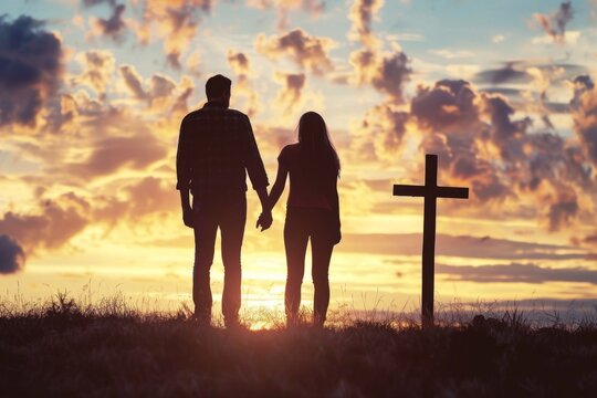 A couple holding hands with the silhouette of a cross in between them, symbolizing their love and commitment to God Generative AI