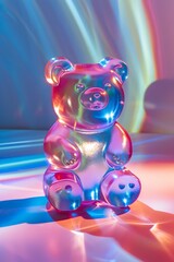 Poster - Minimalist sculpture of a rainbow gummy bear on a gradient background with blue light rays in a cinematic, minimalist style
