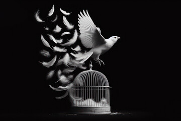 white bird fly out of the old metal cage, feathers fly freedom concept Isolated on black background