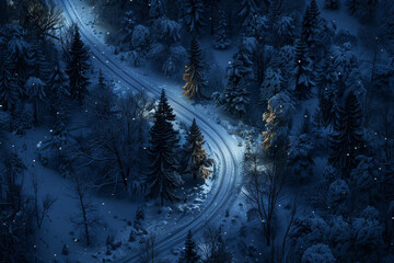 Wall Mural - A snowy forest with a road that is lit up