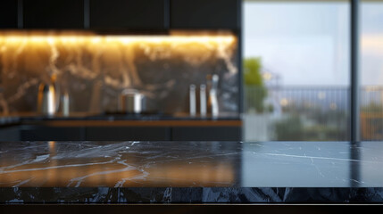 Wall Mural - A kitchen counter with a black marble top and a view of the mountains