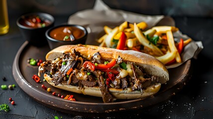 Wall Mural - Juicy cheesesteak sandwich with sides