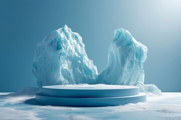 A small white platform on a large iceberg