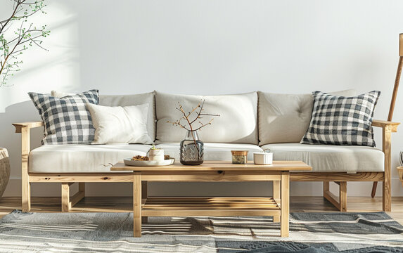 Scandinavian-style sofa with simple decor elements and a wooden coffee table, creating a cozy and modern living room.