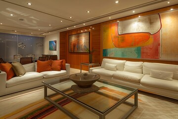 Wall Mural - Contemporary living room with abstract art and a glass coffee table.