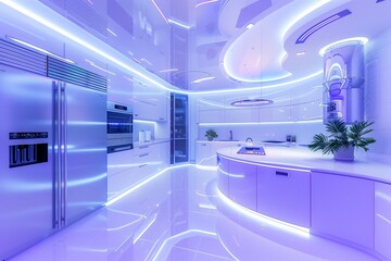 Wall Mural - Futuristic kitchen with glossy surfaces and integrated LED lighting.