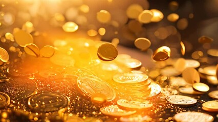 Wall Mural - A stack of shiny gold coins overflowing on top of a table, A pile of glittering gold coins overflowing from the Jackpot prize