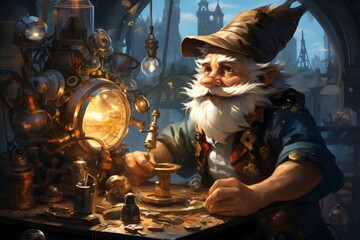 Wall Mural - A quick-witted gnome inventor, creating ingenious gadgets and contraptions to overcome challenges. - Generative AI