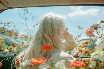 beautiful blonde young  woman model in a car decorated with summer flowers dreamy fashion vintage film aesthetics