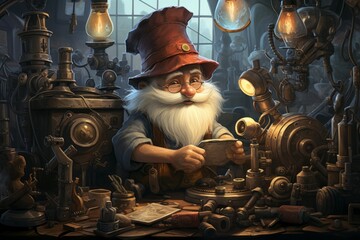 Wall Mural - A quick-witted gnome inventor, creating ingenious gadgets and contraptions to overcome challenges. - Generative AI