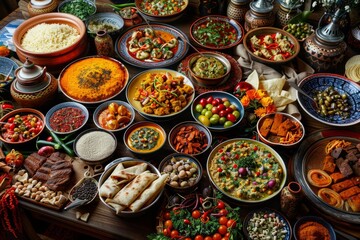 Canvas Print - A wide angle shows a large table filled with a colorful array of traditional dishes from various cuisines