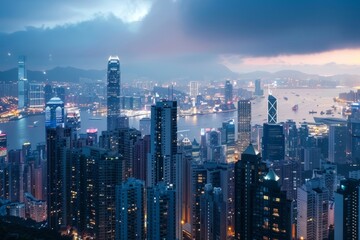 Wall Mural - A wide-angle view capturing a city at night from a hilltop, showcasing the urban landscape illuminated by city lights