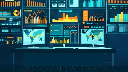 Poster - A desk holds two monitors and displays information on a screen.