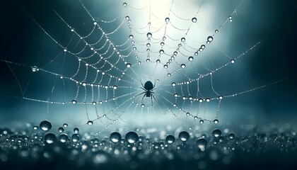 A spider web glistening with dew drops in the early morning light. The intricate patterns of the web are highlighted against a soft, blurred background.