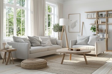 A Scandinavian-style living room with two light gray sofas 