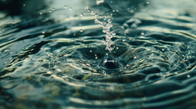 Gota de água clara com ondas circulares, impacto de gota de água, conceito de natureza