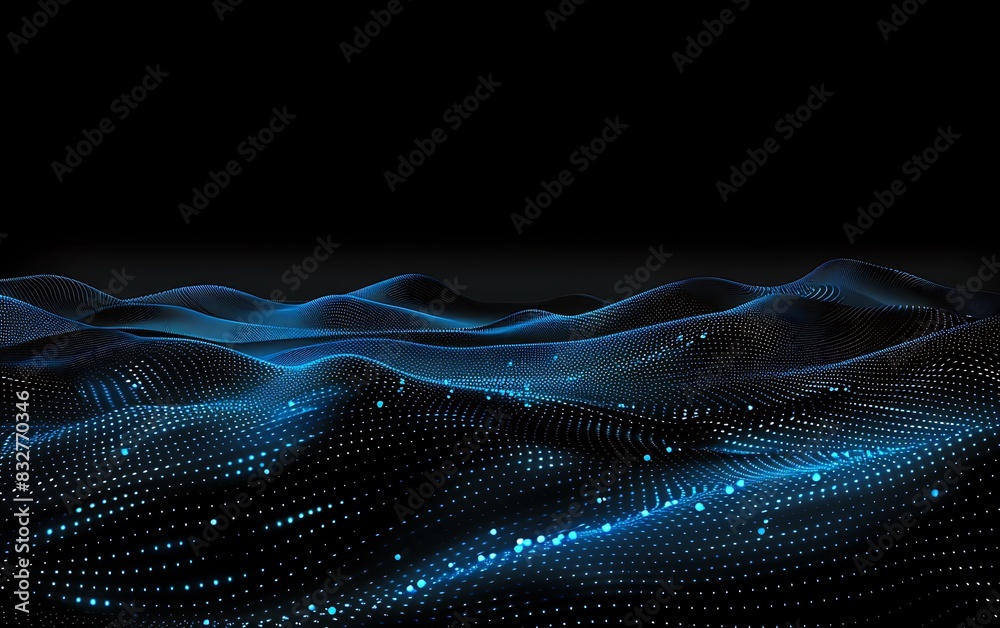 Abstract background with glowing blue dots on a dark black wavy vector ...