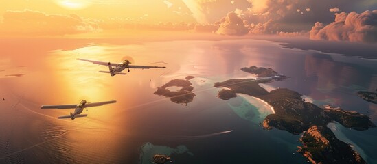 Aircraft is flying over islands and sea at sunrise.