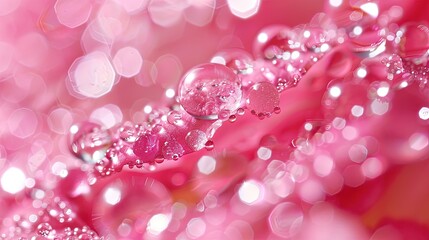 Wall Mural - Sparkling water drops on a vibrant pink floral background