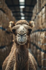 Canvas Print - Logistics coordinator with a camel's head, optimizing supply chains with AI to reduce costs and improve efficiency, warehouse, little minimal style