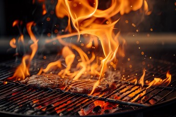 Canvas Print - Close up of a grill with vibrant orange flames dancing and leaping up from the coals