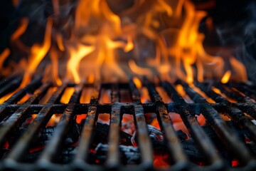 Wall Mural - A closeup of a barbecue grill with vibrant orange flames leaping up from the coals