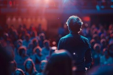 A man stands confidently in front of a crowd, delivering an inspiring speech at an event