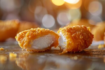 Wall Mural - Detailed view of a crispy chicken nugget broken in half, revealing tender meat and a crunchy coating, placed on a table