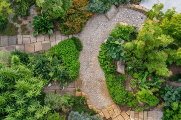 Wall Mural - Beautiful green rain garden with vibrant plants and a stone path, viewed from above, showcasing effective urban green infrastructure