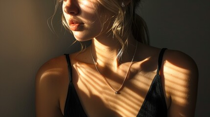 Shadow and Silver: Stunning Blonde Woman with Neck Jewelry in Black Tank Top