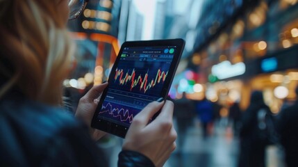 Poster - A woman is intensely focused on studying a stock chart displayed on her tablet screen.