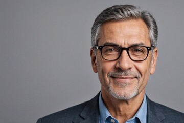 Close Portrait of Portrait of a mature businessman wearing glasses on grey background. Happy senior latin man looking at camera isolated over grey wall with copy space.