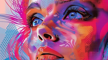 Wall Mural - A woman's face with blue eyes and pink hair
