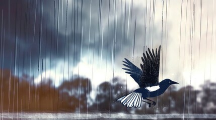 Sticker -   A bird flies in the rain, spreading its wings wide