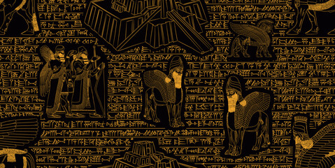 Beautiful golden sumerian and asyrian seamless pattern over black background with cuneiform writtings