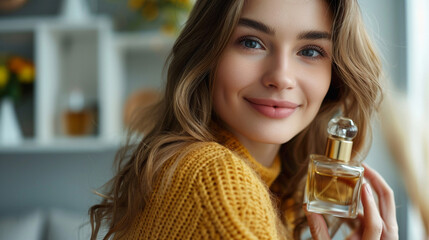 Wall Mural - beautiful young woman in a white dress is applying perfume in her home interior