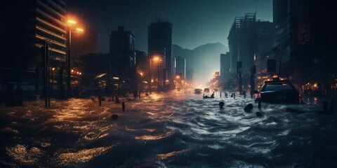 Wall Mural - Flooded   streets of the city Generative AI