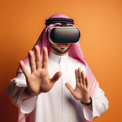 Concept of digital screen,connection and interfaces.Beraded Arab saudi man enjoying virtual reality glasses in modern design. VR goggles headset.
