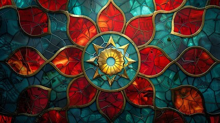 Wall Mural - A colorful stained glass flower with gold accents