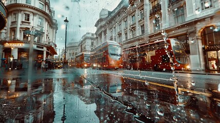 Sticker -   A red double-decker bus drives down a street surrounded by tall buildings during a rainstorm, with raindrops splattering against the windows