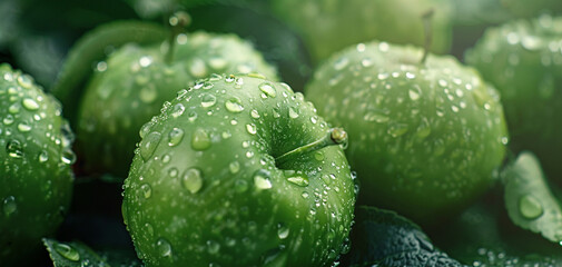 fresh green apples with water drops, closeup