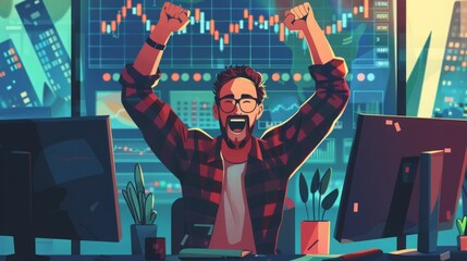 Poster - A man stands with his arms in the air in front of a computer, displaying excitement or celebration.